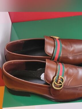 ❗️ HANDMADE Men's Brown Leather Loafers with Red-Green Web Detail ❗️